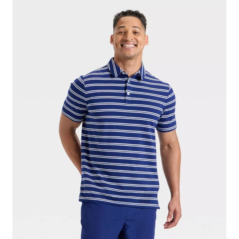 Goodfellow & Co Mens XL Navy Blue Striped Comfort Wear Short Sleeve Polo Shirt